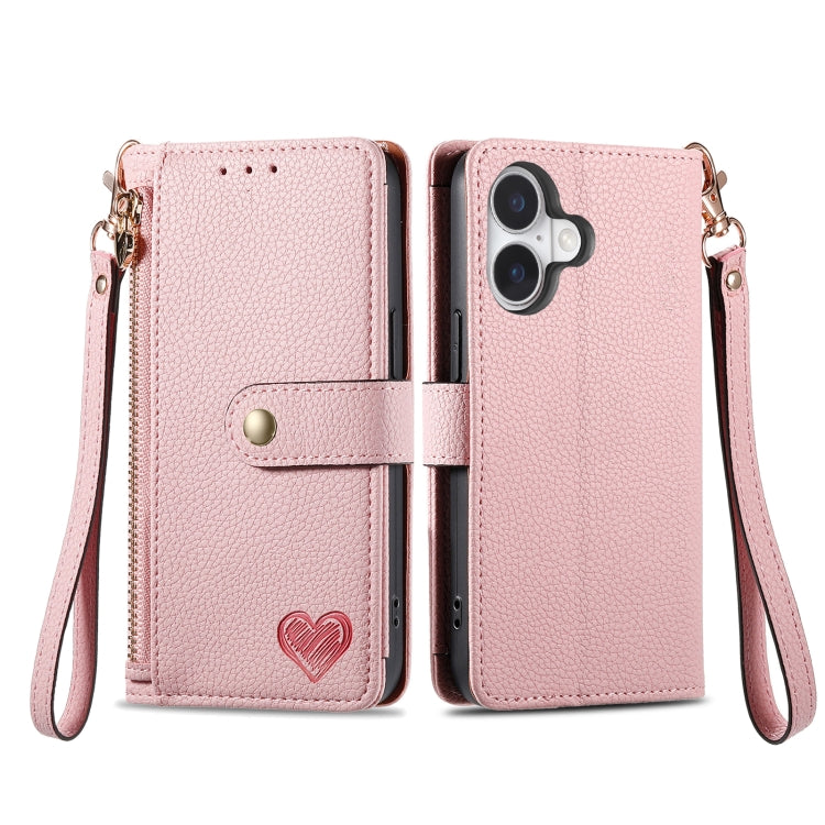 Love Zipper Lanyard Leather Phone Case, For iPhone 16 Pro Max, For iPhone 16 Pro, For iPhone 16 Plus, For iPhone 16, For iPhone 15 Pro Max