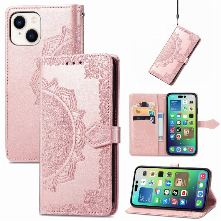 Mandala Flower Embossed Leather Phone Case, For iPhone 15 Pro, For iPhone 15 Plus, For iPhone 15