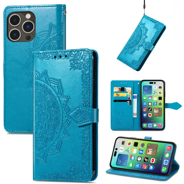 Mandala Flower Embossed Leather Phone Case, For iPhone 15 Pro, For iPhone 15 Plus, For iPhone 15