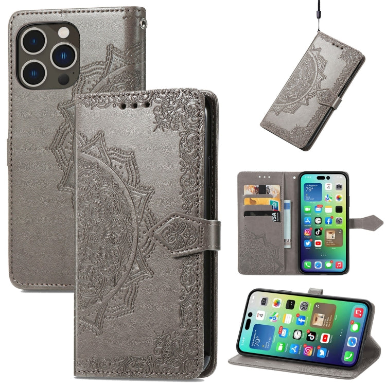 Mandala Flower Embossed Leather Phone Case, For iPhone 15 Pro, For iPhone 15 Plus, For iPhone 15