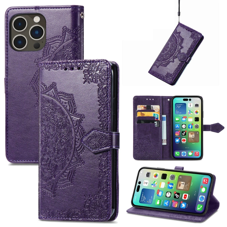 Mandala Flower Embossed Leather Phone Case, For iPhone 16 Pro Max, For iPhone 16 Pro, For iPhone 16 Plus, For iPhone 16, For  iPhone 15 Pro Max