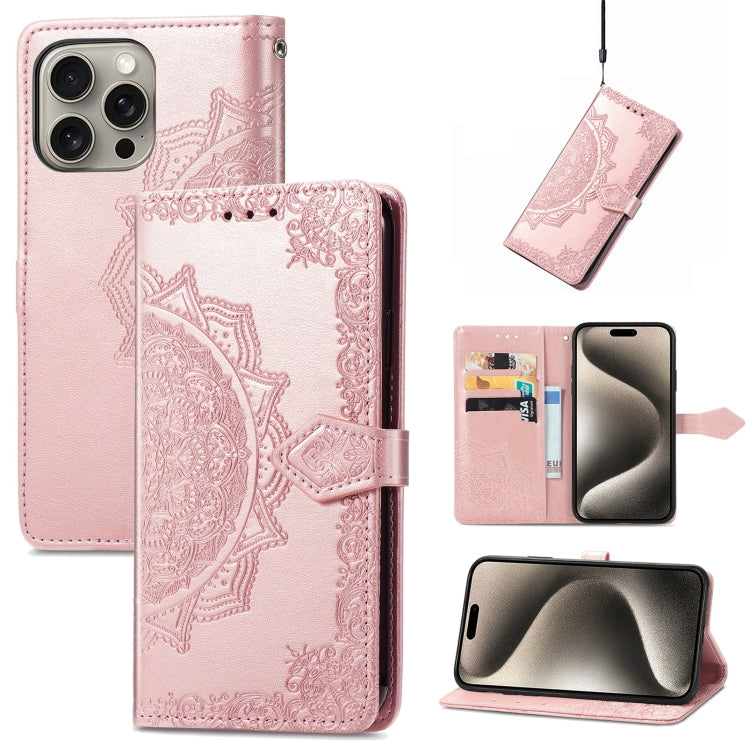 Mandala Flower Embossed Leather Phone Case, For iPhone 16 Pro Max, For iPhone 16 Pro, For iPhone 16 Plus, For iPhone 16, For  iPhone 15 Pro Max