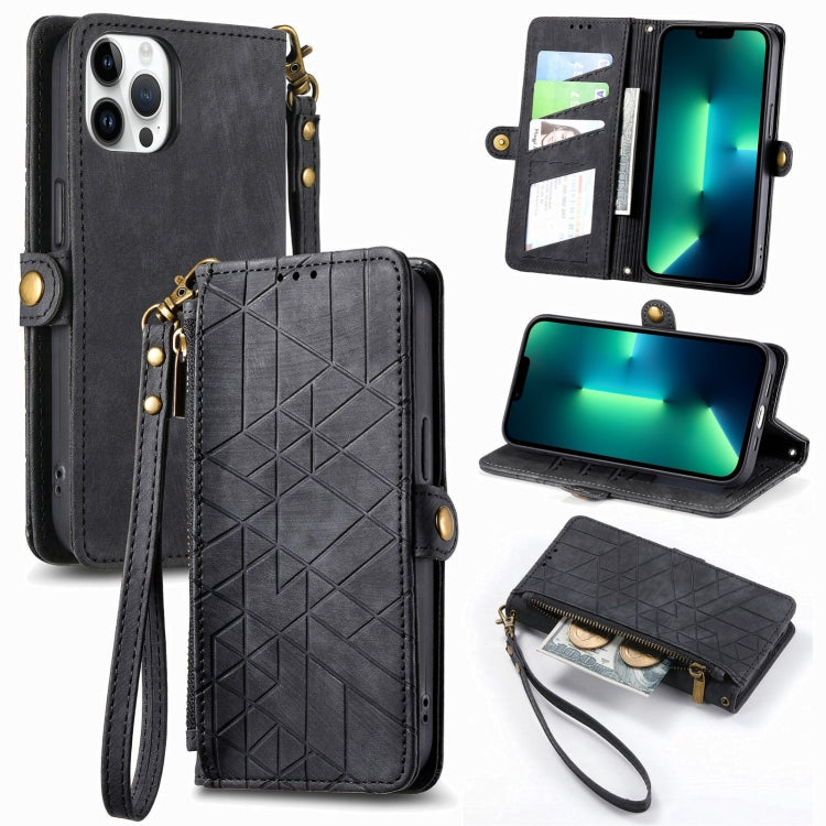 Geometric Zipper Wallet Side Buckle Leather Phone Case, For iPhone 14 Pro, For iPhone 14 Pro Max, For iPhone 7 / 8 / SE 2022, For iPhone 13 Pro Max, For iPhone 13 Pro