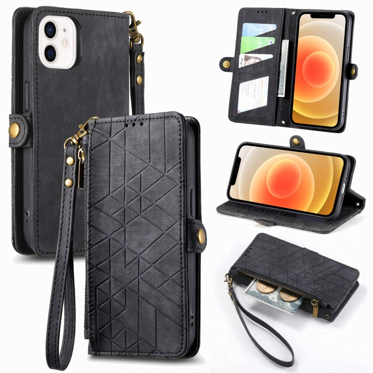 Geometric Zipper Wallet Side Buckle Leather Phone Case, For iPhone 13, For iPhone 13 mini, For iPhone 12 Pro Max, For iPhone 12 / 12 Pro, For iPhone 12 mini