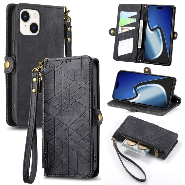 Geometric Zipper Wallet Side Buckle Leather Phone Case, For iPhone 15 Pro, For iPhone 15 Plus, For iPhone 15, For iPhone 14 Plus, For iPhone 14