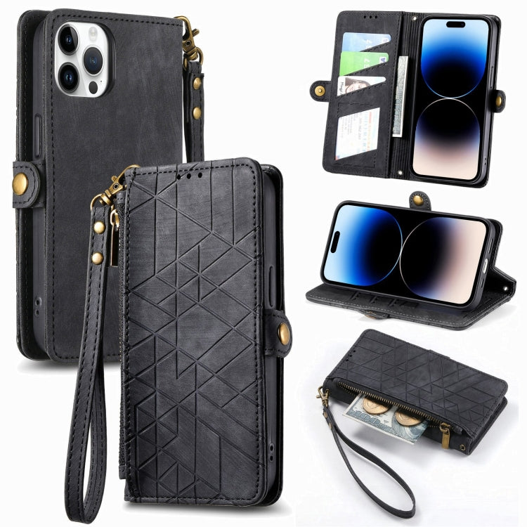 Geometric Zipper Wallet Side Buckle Leather Phone Case, For iPhone 15 Pro, For iPhone 15 Plus, For iPhone 15, For iPhone 14 Plus, For iPhone 14