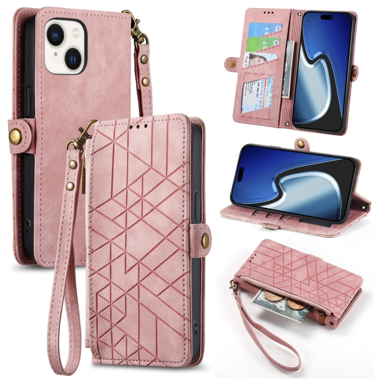 Geometric Zipper Wallet Side Buckle Leather Phone Case, For iPhone 15 Pro, For iPhone 15 Plus, For iPhone 15, For iPhone 14 Plus, For iPhone 14