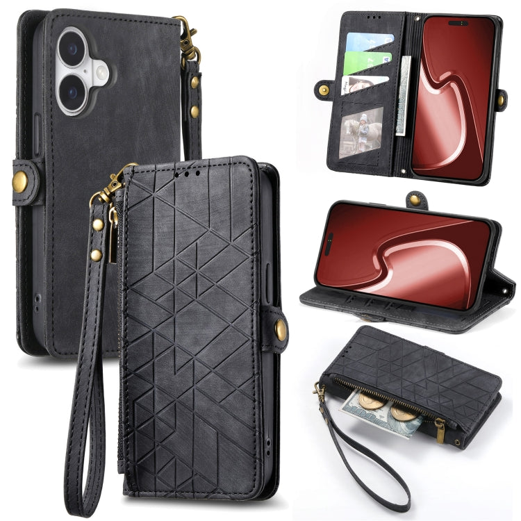 Geometric Zipper Wallet Side Buckle Leather Phone Case, For iPhone 16 Pro Max, For iPhone 16 Pro, For iPhone 16 Plus, For iPhone 16, For iPhone 15 Pro Max