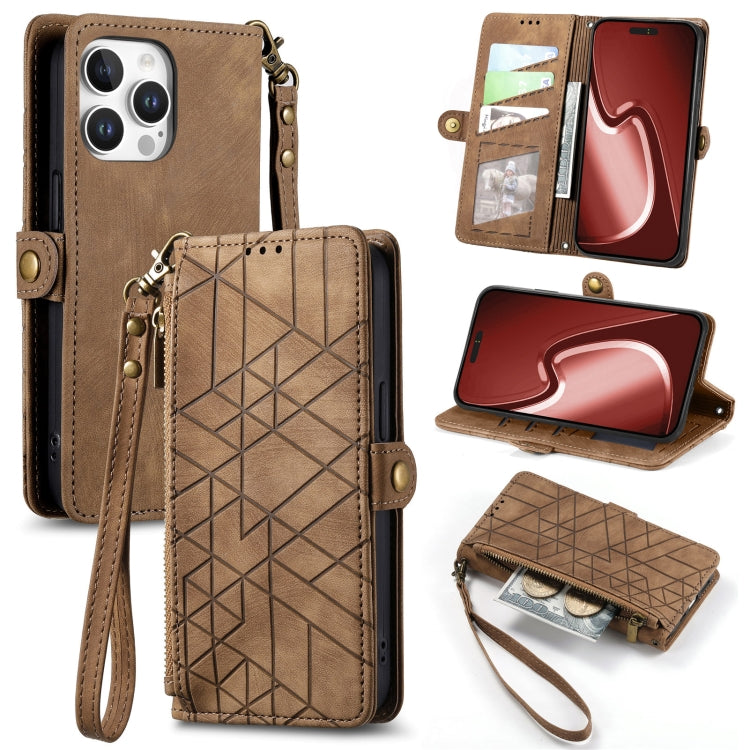 Geometric Zipper Wallet Side Buckle Leather Phone Case, For iPhone 16 Pro Max, For iPhone 16 Pro, For iPhone 16 Plus, For iPhone 16, For iPhone 15 Pro Max