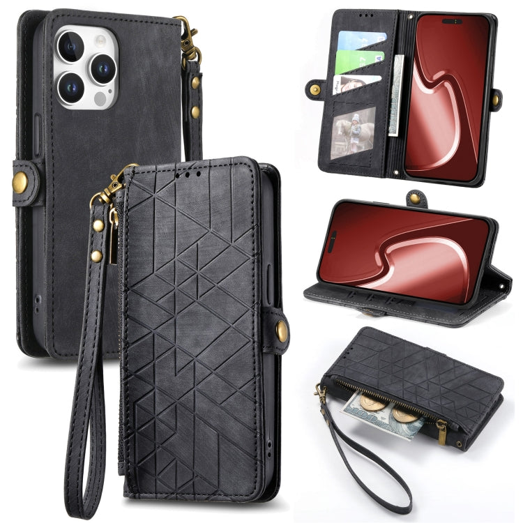 Geometric Zipper Wallet Side Buckle Leather Phone Case, For iPhone 16 Pro Max, For iPhone 16 Pro, For iPhone 16 Plus, For iPhone 16, For iPhone 15 Pro Max