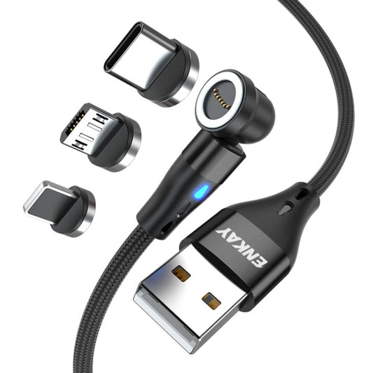 ENKAY 3 in 1 3A USB to Type-C / 8 Pin / Micro USB Magnetic 540 Degrees Rotating Fast Charging Cable, 1m, 2m