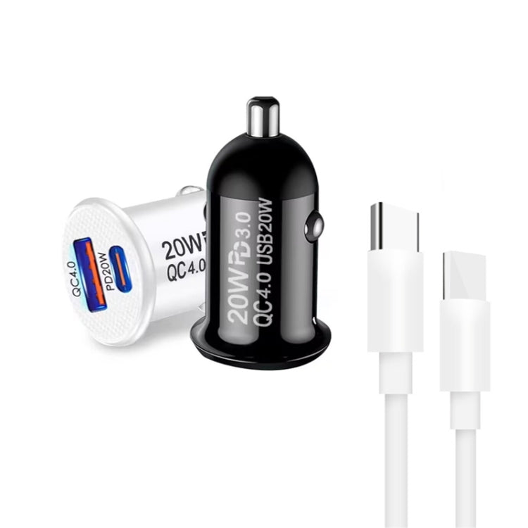 P10 Mini QC4.0 USB / PD20W Car Charger with Type-C to Type-C Fast Charging Data Cable, P10 with Cable (Black), P10 with Cable (White)