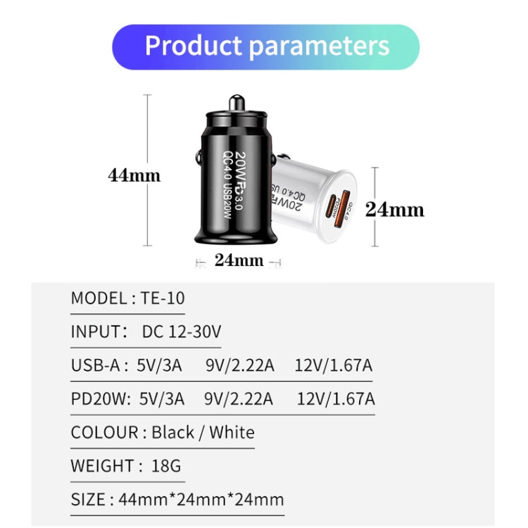 P10 Mini QC4.0 USB / PD20W Car Charger with Type-C to Type-C Fast Charging Data Cable, P10 with Cable (Black), P10 with Cable (White)