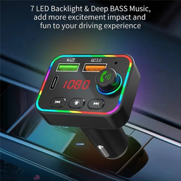 PDF4 PD 25W Fast Car Charger with Hands-Free Calls FM Transmitter 7-Color Led Lights MP3 Player, PDF4