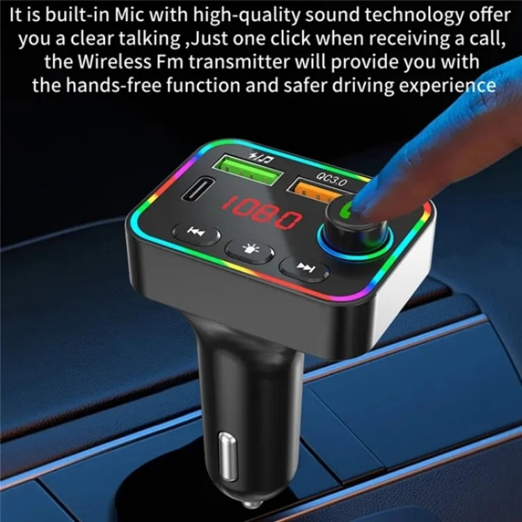 PDF4 PD 25W Fast Car Charger with Hands-Free Calls FM Transmitter 7-Color Led Lights MP3 Player, PDF4