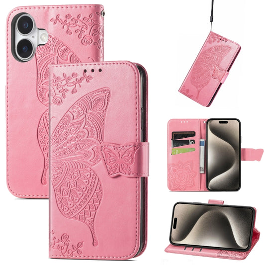 Butterfly Love Flower Embossed Leather Phone Case, For iPhone 16, iPhone 16e