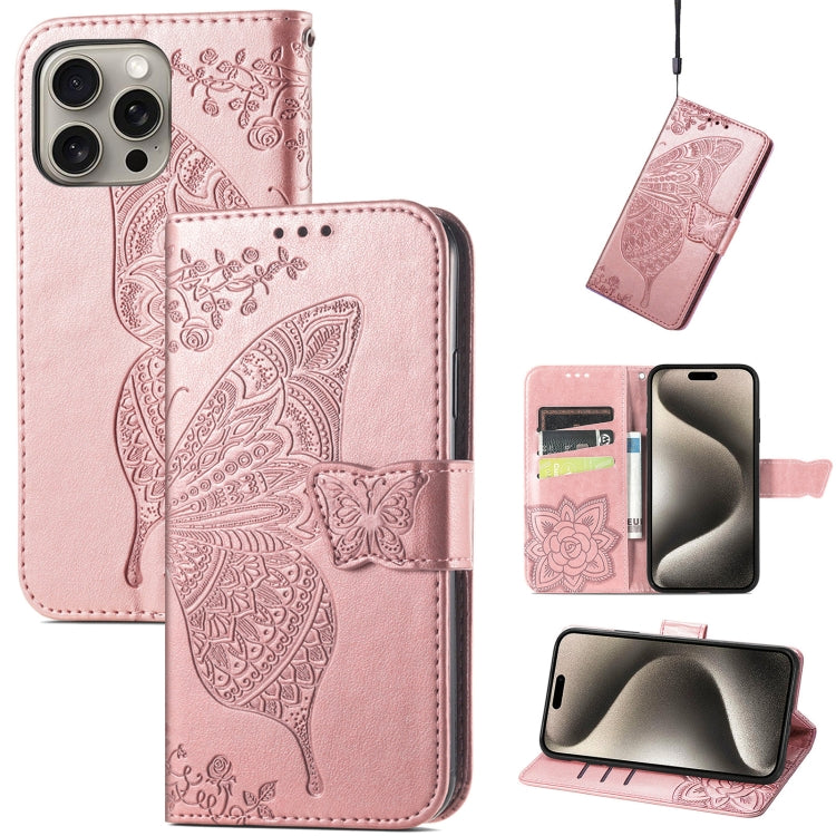 Butterfly Love Flower Embossed Leather Phone Case, For iPhone 16 Pro Max, For iPhone 16 Pro, For iPhone 16 Plus