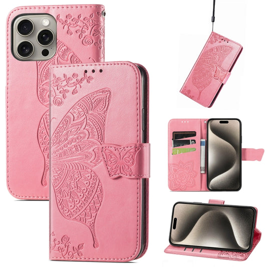 Butterfly Love Flower Embossed Leather Phone Case, For iPhone 16 Pro Max, For iPhone 16 Pro, For iPhone 16 Plus