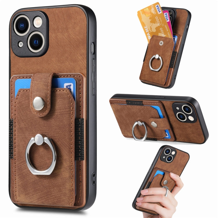 Retro Skin-feel Ring Card Wallet Phone Case, For iPhone 15 Pro, For iPhone 15 Plus, For iPhone 15