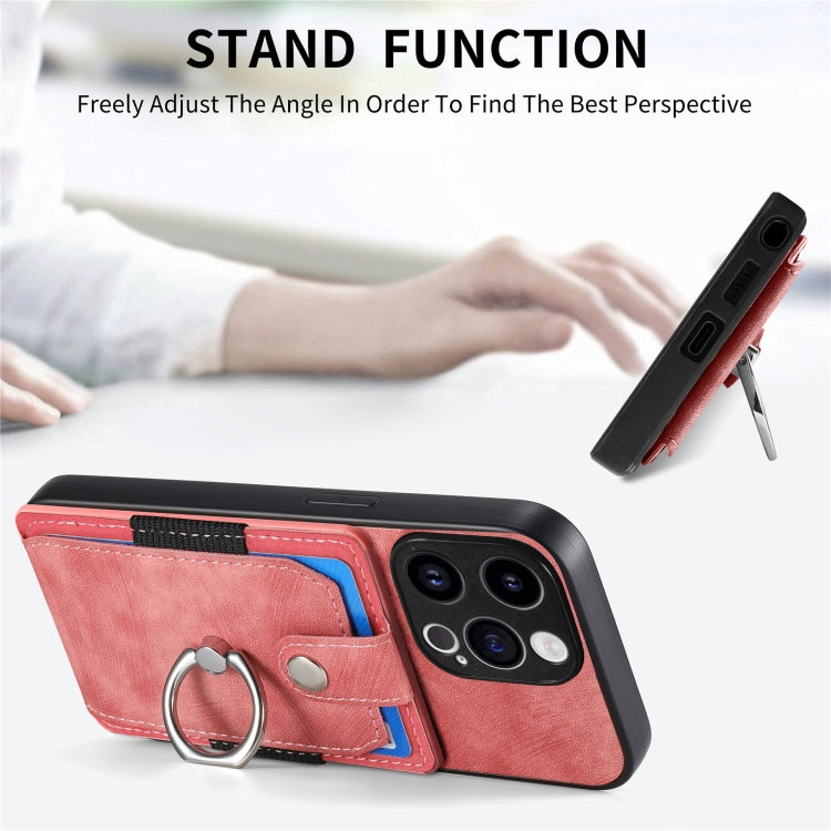 Retro Skin-feel Ring Card Wallet Phone Case, For iPhone 15 Pro Max, For iPhone 15 Pro, For iPhone 15 Plus, For iPhone 15