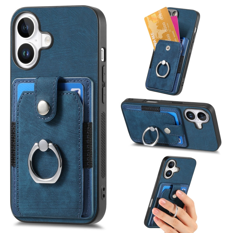 Retro Skin-feel Ring Card Wallet Phone Case, For iPhone 16 Pro Max, For iPhone 16 Pro, For iPhone 16 Plus, For iPhone 16, For iPhone 15 Pro Max