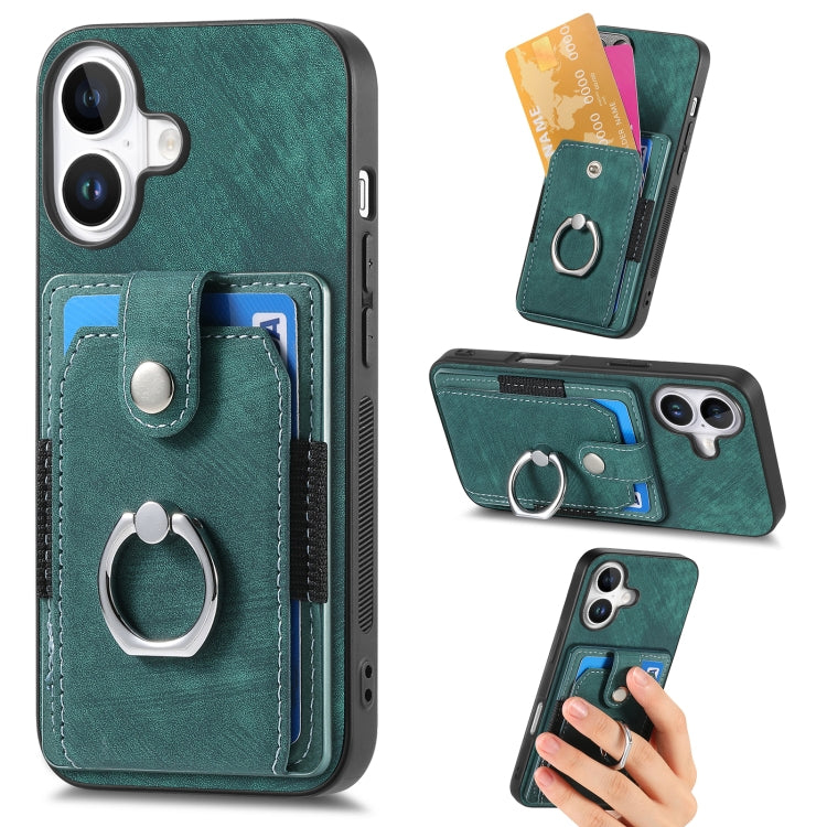 Retro Skin-feel Ring Card Wallet Phone Case, For iPhone 16 Pro Max, For iPhone 16 Pro, For iPhone 16 Plus, For iPhone 16, For iPhone 15 Pro Max