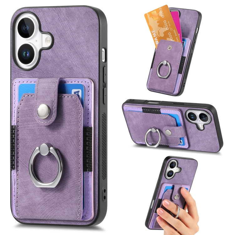 Retro Skin-feel Ring Card Wallet Phone Case, For iPhone 16 Pro Max, For iPhone 16 Pro, For iPhone 16 Plus, For iPhone 16, For iPhone 15 Pro Max