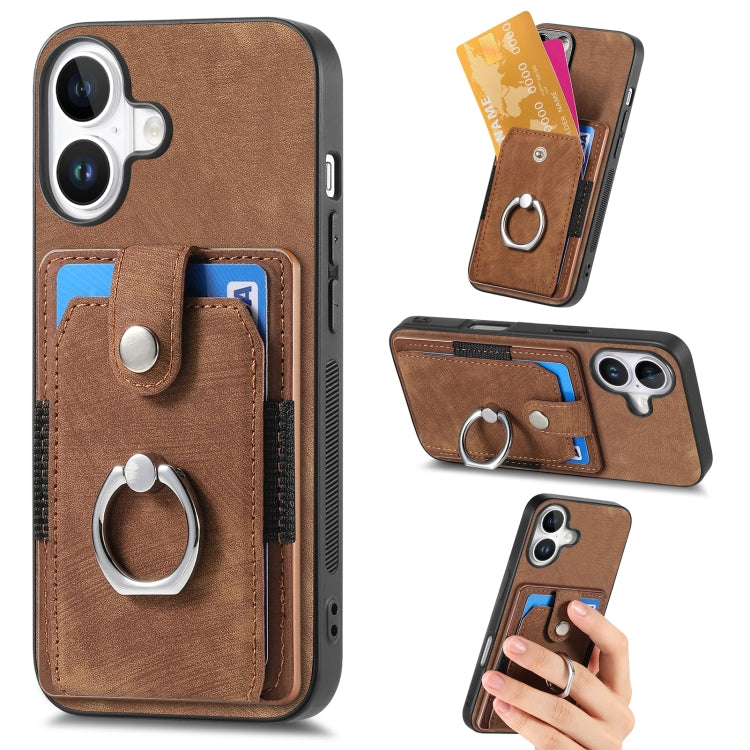 Retro Skin-feel Ring Card Wallet Phone Case, For iPhone 16 Pro Max, For iPhone 16 Pro, For iPhone 16 Plus, For iPhone 16, For iPhone 15 Pro Max