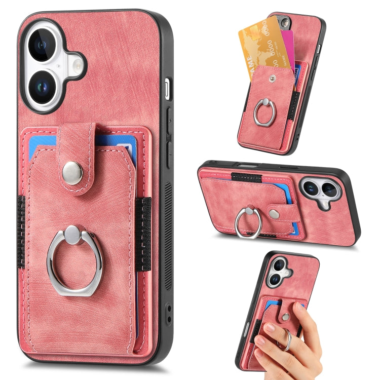 Retro Skin-feel Ring Card Wallet Phone Case, For iPhone 16 Pro Max, For iPhone 16 Pro, For iPhone 16 Plus, For iPhone 16, For iPhone 15 Pro Max