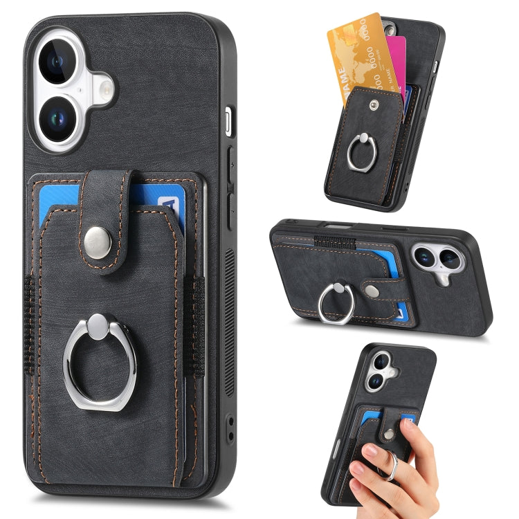 Retro Skin-feel Ring Card Wallet Phone Case, For iPhone 16 Pro Max, For iPhone 16 Pro, For iPhone 16 Plus, For iPhone 16, For iPhone 15 Pro Max