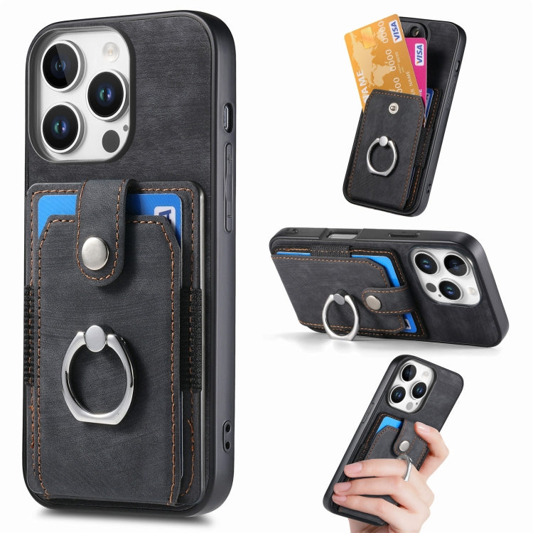 Retro Skin-feel Ring Card Wallet Phone Case, For iPhone 16 Pro Max, For iPhone 16 Pro, For iPhone 16 Plus, For iPhone 16, For iPhone 15 Pro Max