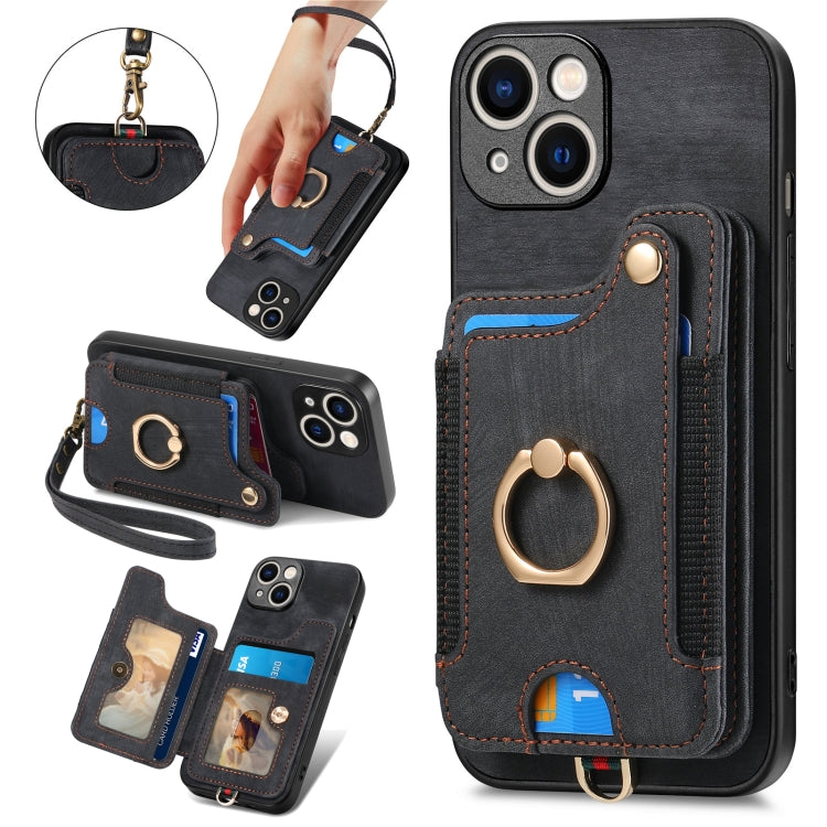 Retro Skin-feel Ring Multi-card Wallet Phone Case, For iPhone 15 Pro, For iPhone 15 Plus, For iPhone 15