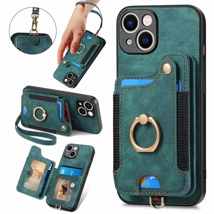 Retro Skin-feel Ring Multi-card Wallet Phone Case, For iPhone 15 Pro, For iPhone 15 Plus, For iPhone 15