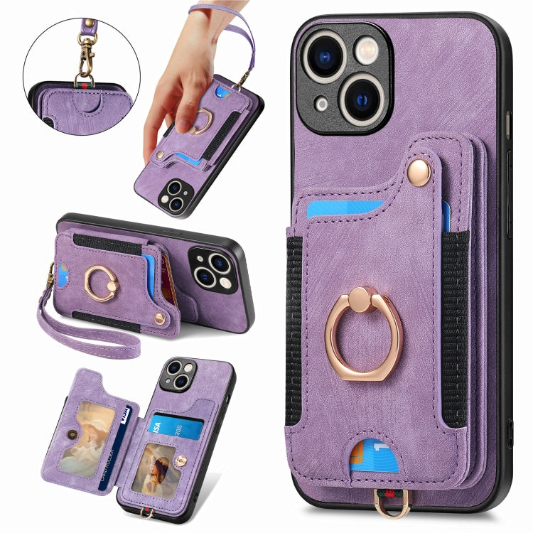 Retro Skin-feel Ring Multi-card Wallet Phone Case, For iPhone 15 Pro, For iPhone 15 Plus, For iPhone 15