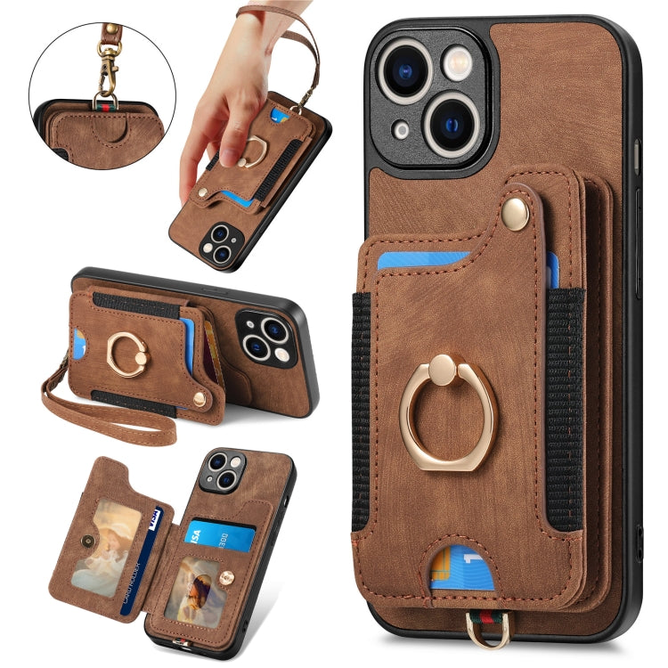 Retro Skin-feel Ring Multi-card Wallet Phone Case, For iPhone 15 Pro, For iPhone 15 Plus, For iPhone 15