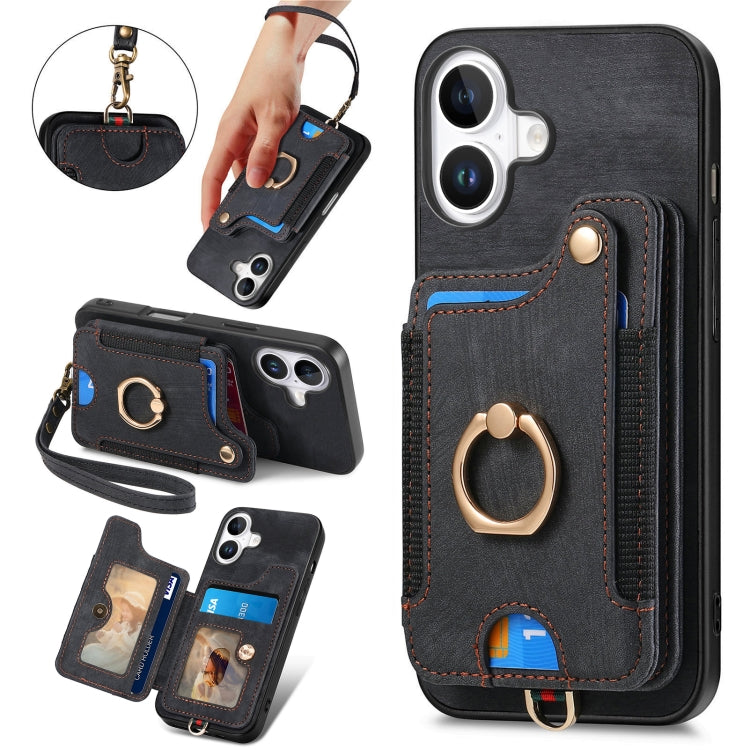 Retro Skin-feel Ring Multi-card Wallet Phone Case, For iPhone 16 Pro Max, For iPhone 16 Pro, For iPhone 16 Plus, For iPhone 16, For iPhone 15 Pro Max