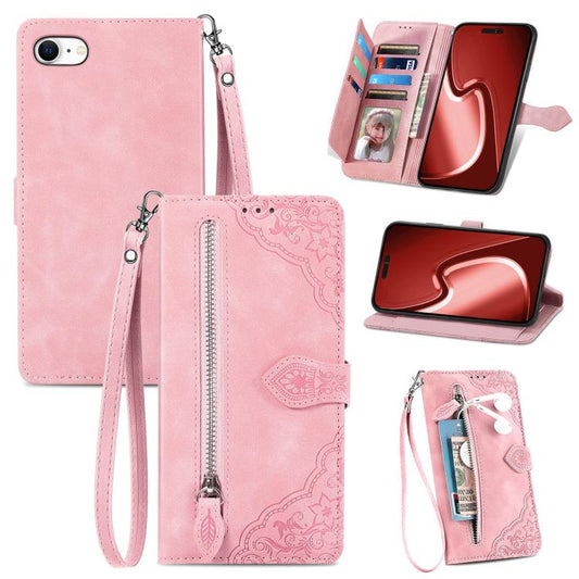 Embossed Flower Zipper Leather Phone Case, For iPhone 16e, For iPhone 16 Pro Max, For iPhone 16 Pro, For iPhone 16 Plus