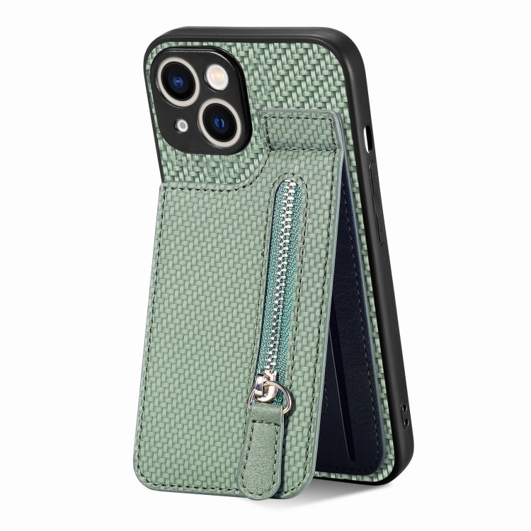 Carbon Fiber Vertical Flip Zipper Phone Case, For iPhone 15 Plus, For iPhone 15