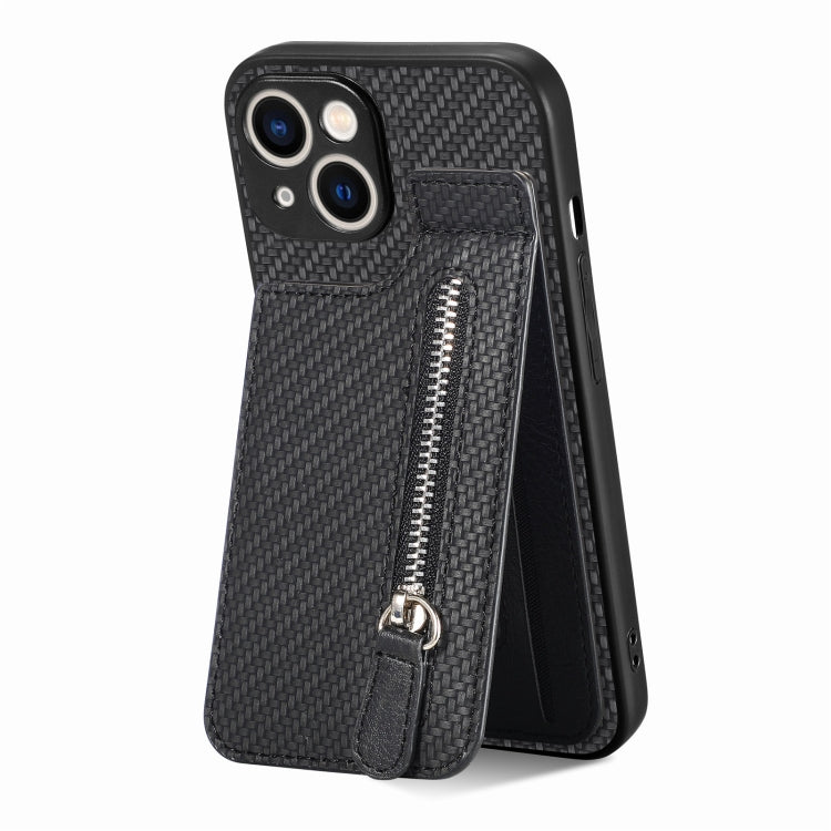 Carbon Fiber Vertical Flip Zipper Phone Case, For iPhone 15 Plus, For iPhone 15