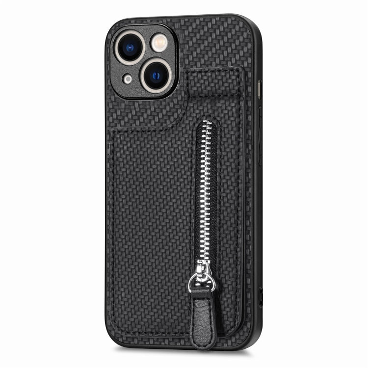 Carbon Fiber Vertical Flip Zipper Phone Case, For iPhone 15 Plus, For iPhone 15