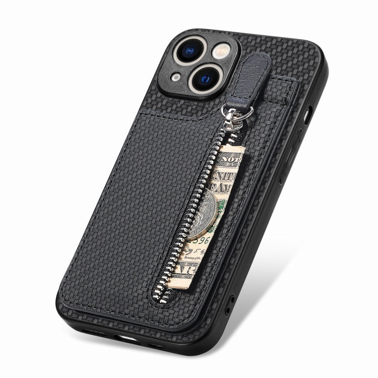 Carbon Fiber Vertical Flip Zipper Phone Case, For iPhone 15 Plus, For iPhone 15