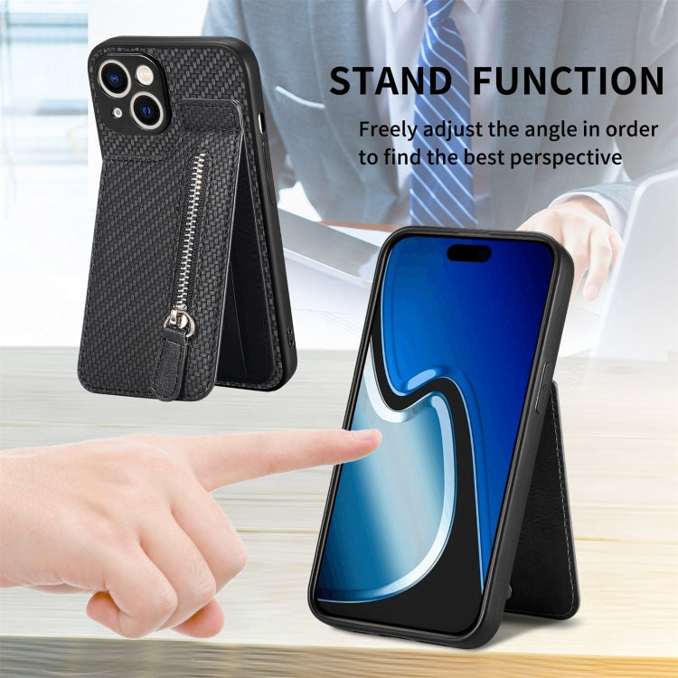 Carbon Fiber Vertical Flip Zipper Phone Case, For iPhone 15 Plus, For iPhone 15