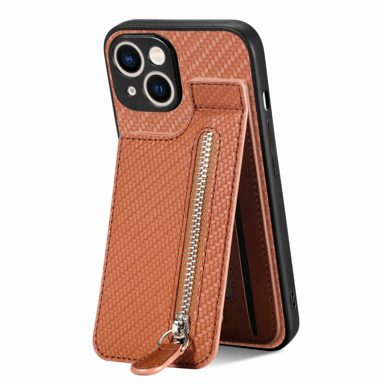 Carbon Fiber Vertical Flip Zipper Phone Case, For iPhone 15 Plus, For iPhone 15