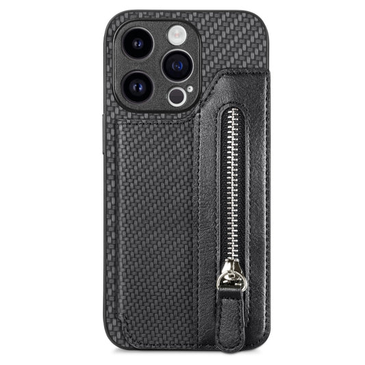 Carbon Fiber Horizontal Flip Zipper Wallet Phone Case, For iPhone 15