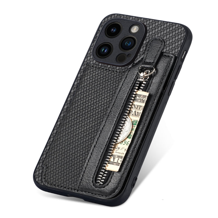 Carbon Fiber Horizontal Flip Zipper Wallet Phone Case, For iPhone 15 Plus, For iPhone 15