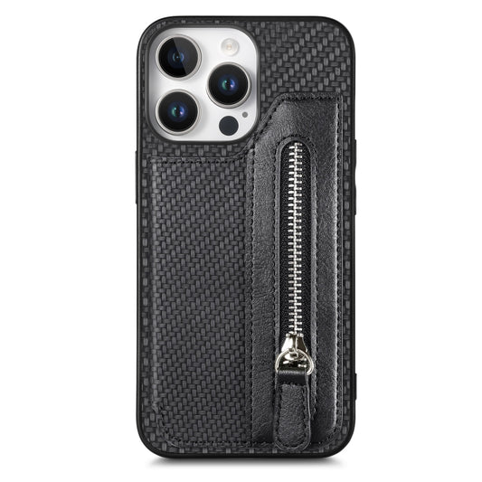 Carbon Fiber Horizontal Flip Zipper Wallet Phone Case, For iPhone 16 Pro Max, For iPhone 16 Pro, For iPhone 16 Plus, For iPhone 16, For iPhone 15 Pro Max, For iPhone 15 Pro