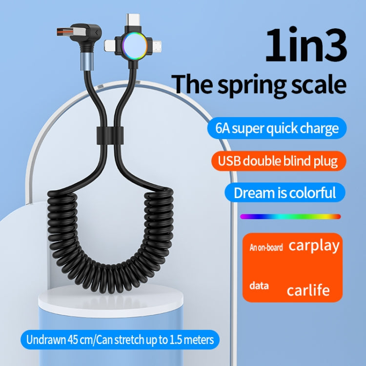 66W 3 in 1 USB Elbow to 8 Pin + Micro USB + USB-C / Type-C Fast Charging Spring Cable, USB Elbow 3 in 1