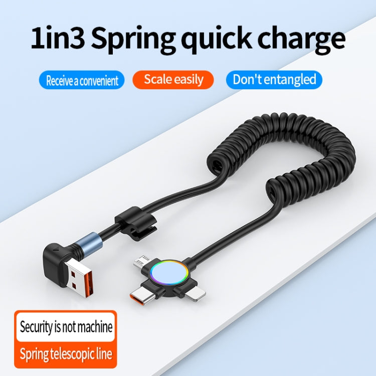 66W 3 in 1 USB Elbow to 8 Pin + Micro USB + USB-C / Type-C Fast Charging Spring Cable, USB Elbow 3 in 1