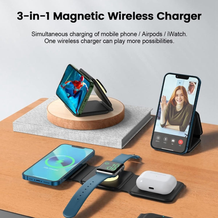 3 in 1 Wireless Charging Station Magnetic Foldable Travel Fast Charger for iPhone 15/14/13/12 Series / AirPods / iWatch, DS-LS1B98