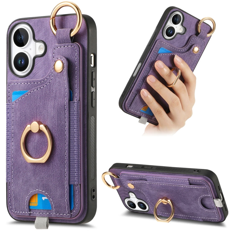 Retro Skin-feel Ring Card Bag Phone Case with Hang Loop, For iPhone 16 Pro Max, For iPhone 16 Pro, For iPhone 16 Plus, For iPhone 16, For iPhone 15 Pro Max